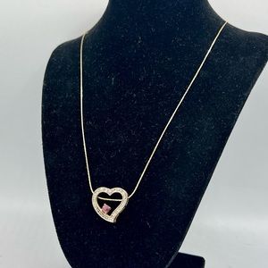 Vintage gold heart pendant red fuchsia stone 22” chain